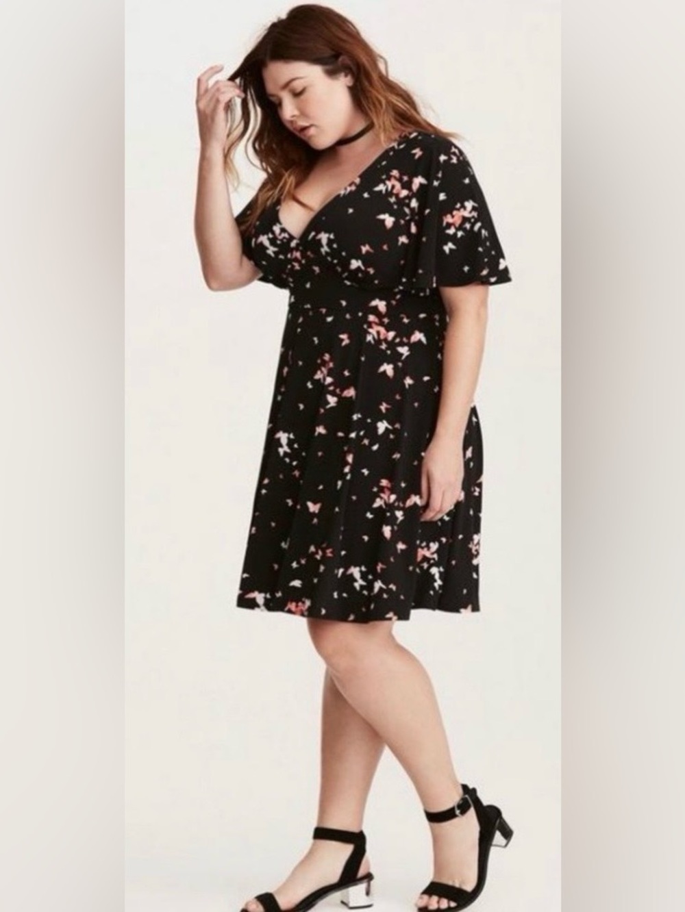 Torrid Butterfly Print V-Neck Flutter Sleeve Dress Black Pink Size 1, 14/16